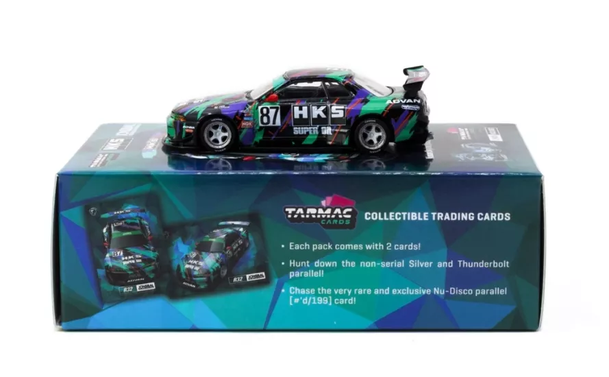 Tarmac Works 1/64 Nissan Skyline (R32) Widebody HKS with Tarmac Cards Combo Set - Designed by Jon Sibal T64G-061-HKS